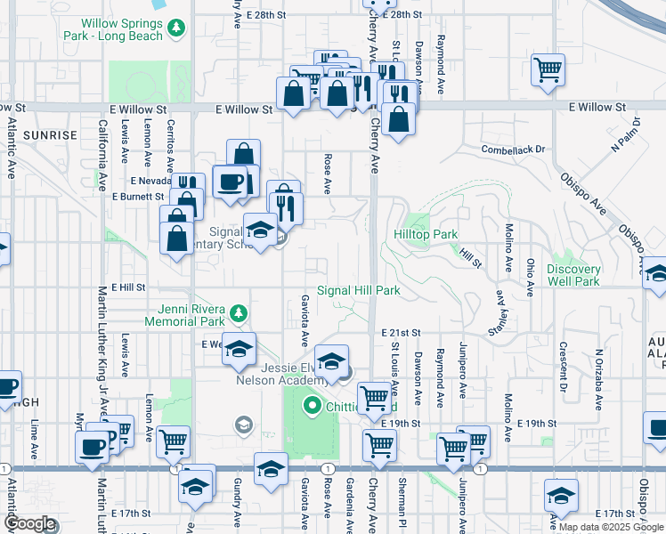 map of restaurants, bars, coffee shops, grocery stores, and more near 2237 Rose Avenue in Signal Hill