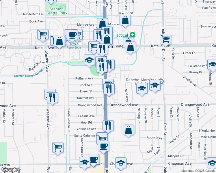 map of restaurants, bars, coffee shops, grocery stores, and more near 11353 Antonio in Stanton