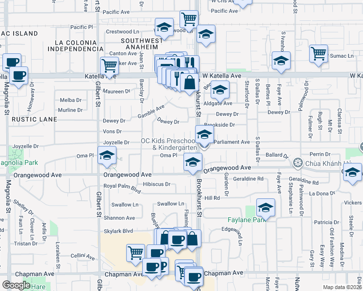 map of restaurants, bars, coffee shops, grocery stores, and more near 11331 Biscayne Boulevard in Garden Grove