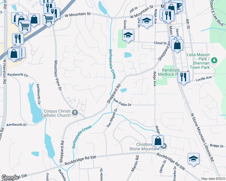 map of restaurants, bars, coffee shops, grocery stores, and more near 750 Sheppard Road in Stone Mountain