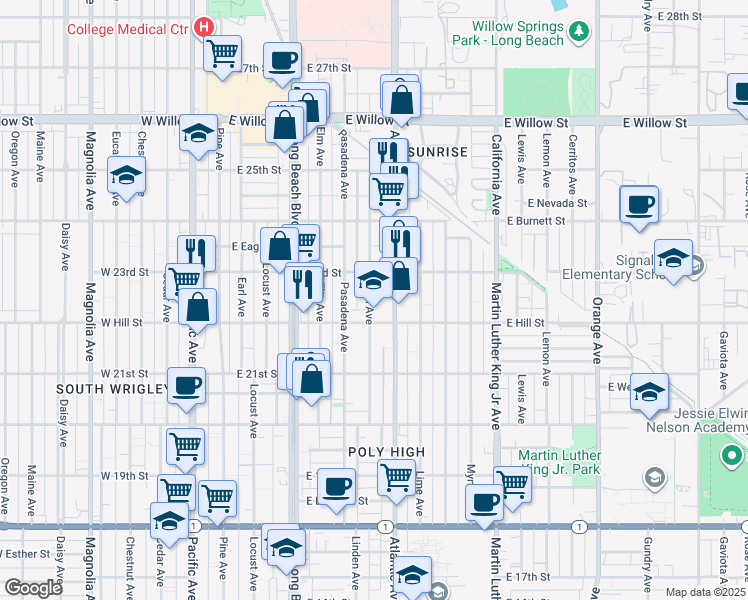 map of restaurants, bars, coffee shops, grocery stores, and more near 565 East Hill Street in Long Beach