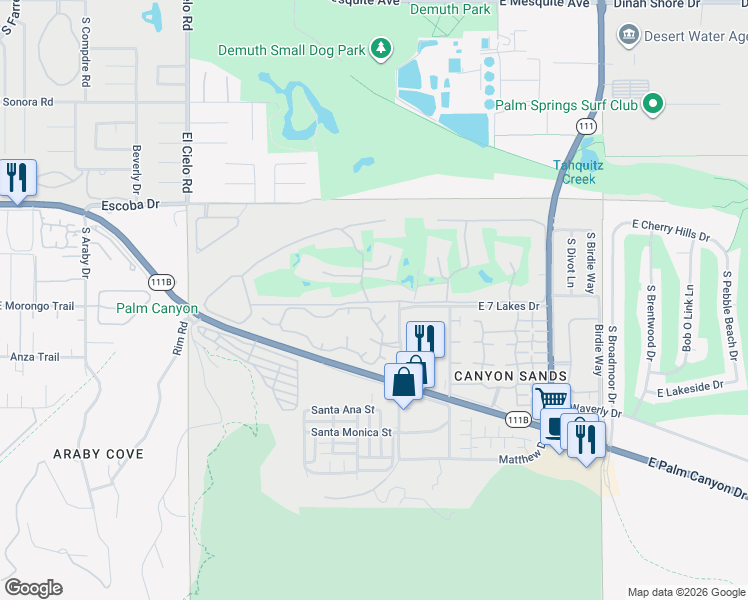 map of restaurants, bars, coffee shops, grocery stores, and more near 17 Desert Lakes Drive in Palm Springs