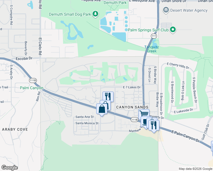 map of restaurants, bars, coffee shops, grocery stores, and more near 2 Desert Lakes Drive in Palm Springs
