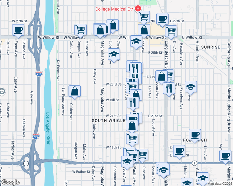 map of restaurants, bars, coffee shops, grocery stores, and more near 2243 Chestnut Avenue in Long Beach