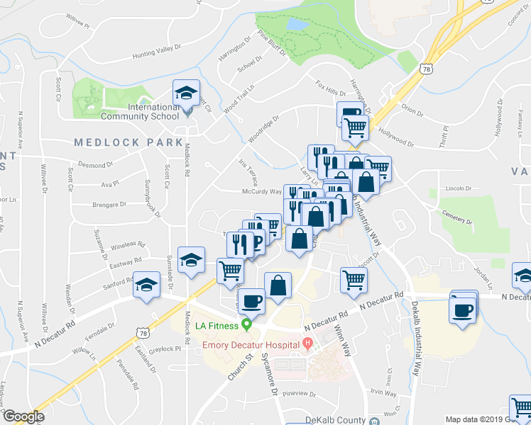 map of restaurants, bars, coffee shops, grocery stores, and more near 402 Tuxworth Circle in Decatur