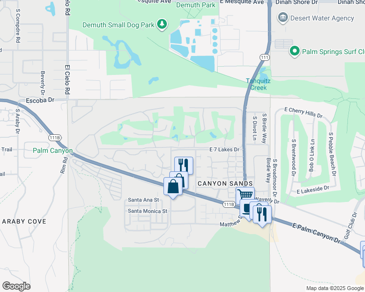 map of restaurants, bars, coffee shops, grocery stores, and more near 4 Desert Lakes Drive in Palm Springs
