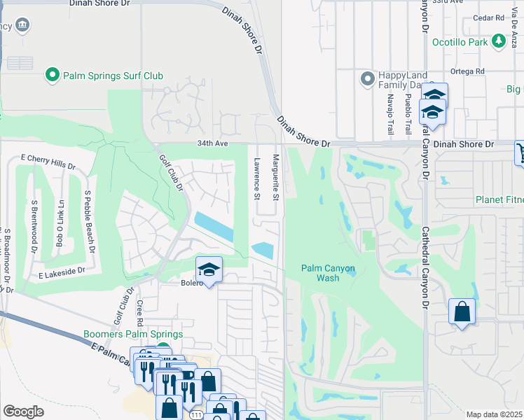 map of restaurants, bars, coffee shops, grocery stores, and more near 2220 Lawrence Street in Palm Springs