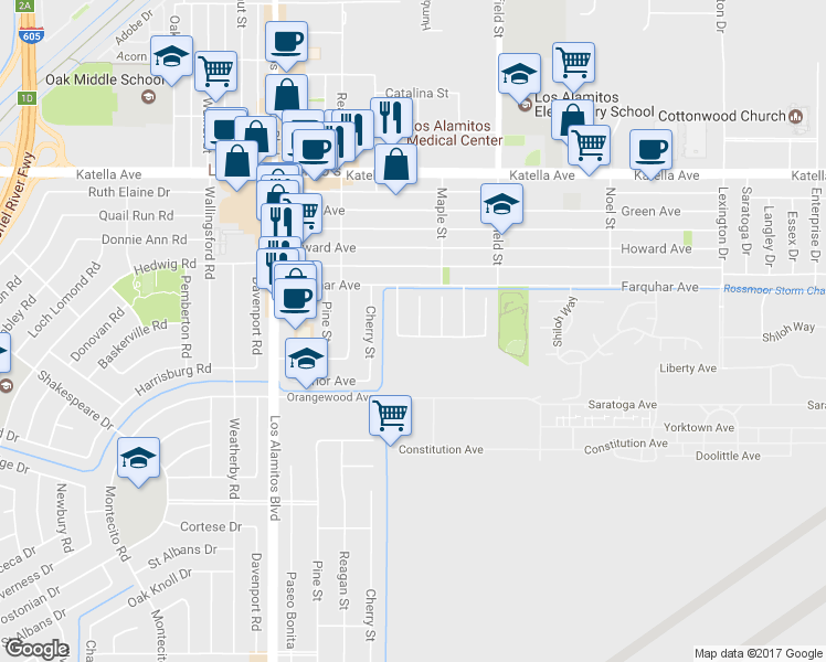 map of restaurants, bars, coffee shops, grocery stores, and more near 11345 Linda Way in Los Alamitos