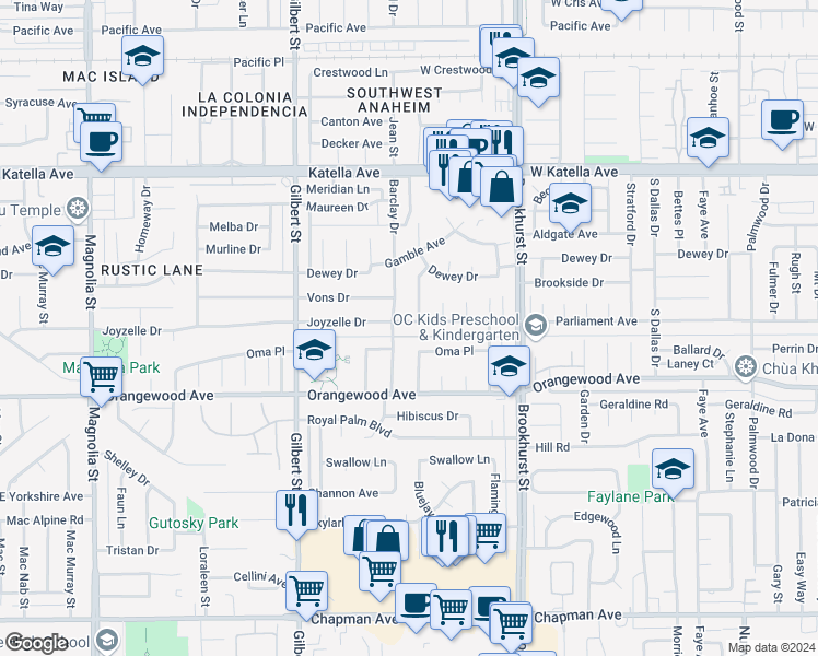 map of restaurants, bars, coffee shops, grocery stores, and more near 9742 Joyzelle Drive in Garden Grove