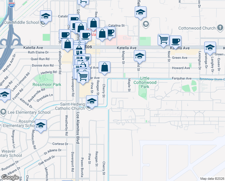 map of restaurants, bars, coffee shops, grocery stores, and more near 11345 Linda Way in Los Alamitos