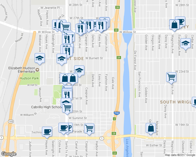 map of restaurants, bars, coffee shops, grocery stores, and more near 2245 Easy Avenue in Long Beach