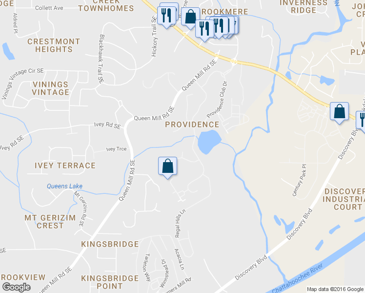map of restaurants, bars, coffee shops, grocery stores, and more near 6270 Royal Crest Place in Mableton