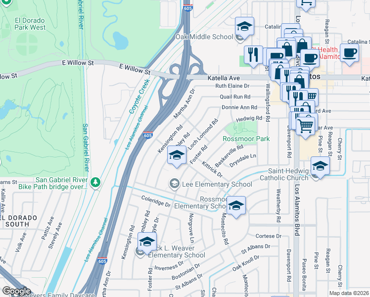 map of restaurants, bars, coffee shops, grocery stores, and more near 11375 Loch Lomond Road in Los Alamitos