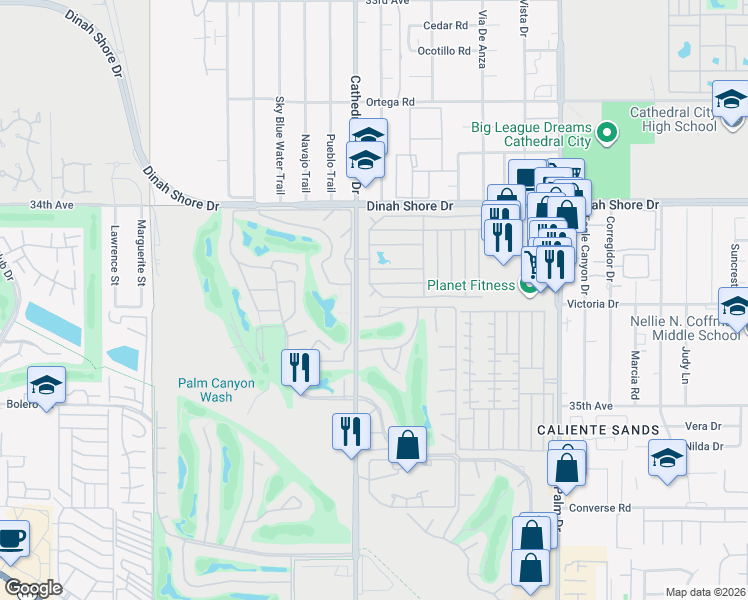 map of restaurants, bars, coffee shops, grocery stores, and more near 254 Coble Drive in Cathedral City