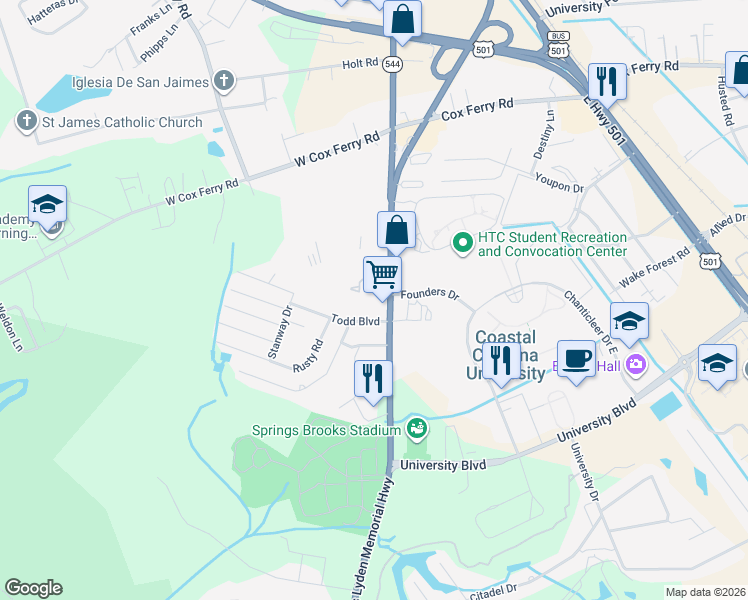 map of restaurants, bars, coffee shops, grocery stores, and more near 300 Patriots Hollow Way in Conway