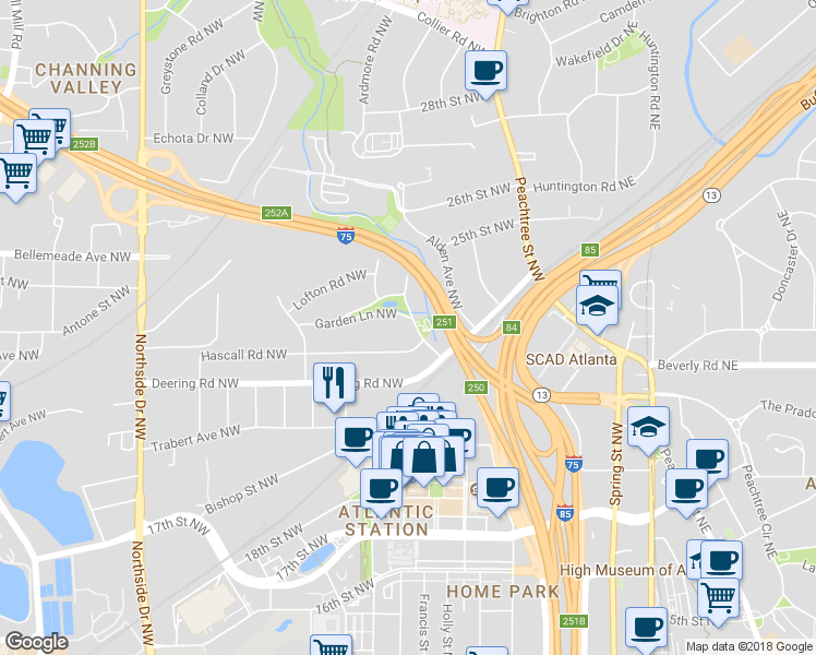 map of restaurants, bars, coffee shops, grocery stores, and more near 1590 Loring Drive Northwest in Atlanta