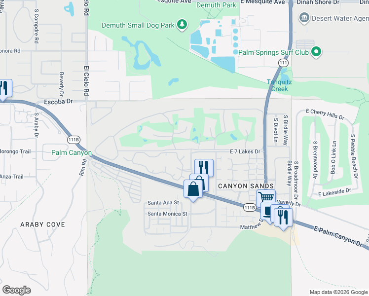 map of restaurants, bars, coffee shops, grocery stores, and more near 1 Desert Lakes Drive in Palm Springs