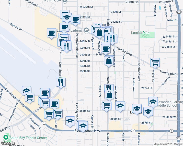 map of restaurants, bars, coffee shops, grocery stores, and more near 25007 Cypress Street in Lomita