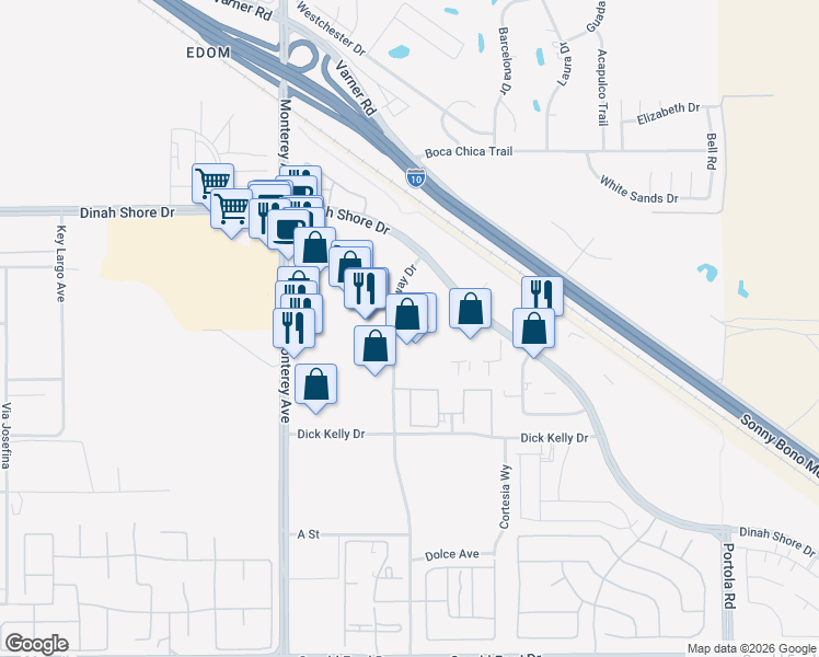 map of restaurants, bars, coffee shops, grocery stores, and more near 34300 Gateway Drive in Palm Desert