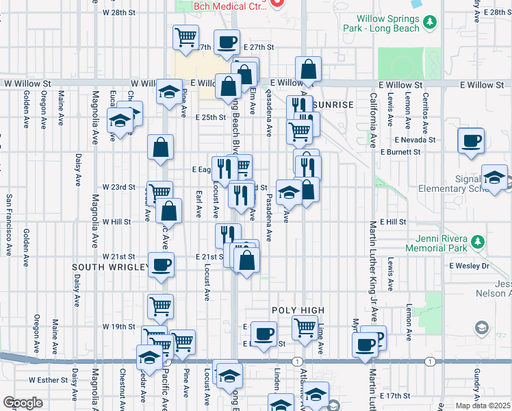 map of restaurants, bars, coffee shops, grocery stores, and more near 2242 Elm Avenue in Long Beach