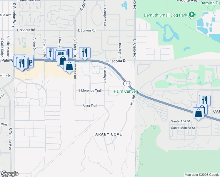 map of restaurants, bars, coffee shops, grocery stores, and more near 2923 Candle Light Lane in Palm Springs