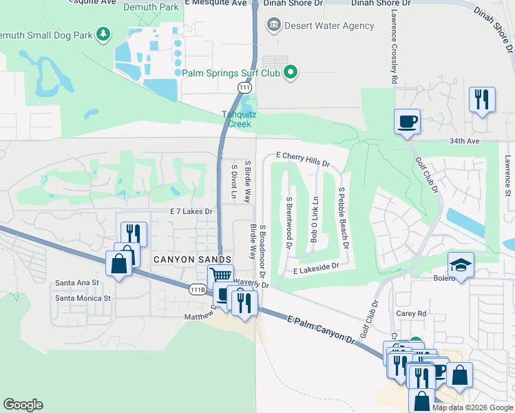 map of restaurants, bars, coffee shops, grocery stores, and more near 2177 South Broadmoor Drive in Palm Springs