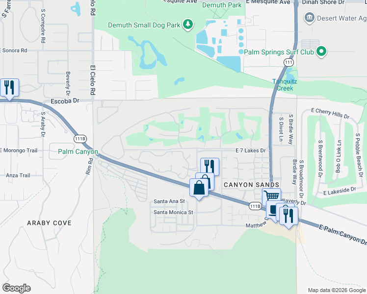 map of restaurants, bars, coffee shops, grocery stores, and more near 17 Desert Lakes Drive in Palm Springs