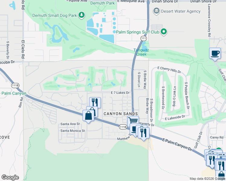 map of restaurants, bars, coffee shops, grocery stores, and more near 100 Desert Lakes Drive in Palm Springs