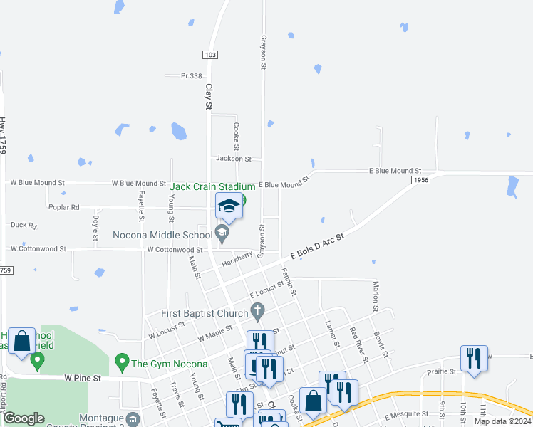 map of restaurants, bars, coffee shops, grocery stores, and more near 1000 Grayson Street in Nocona