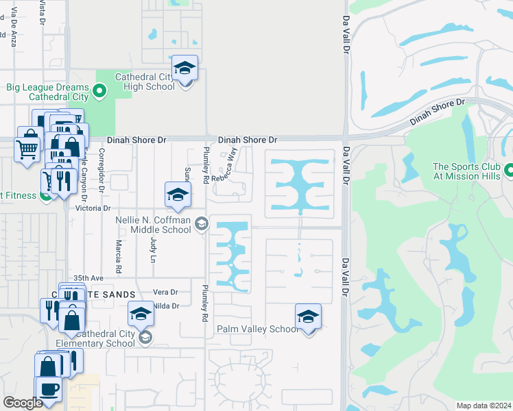 map of restaurants, bars, coffee shops, grocery stores, and more near 69677 Antonia Way in Rancho Mirage