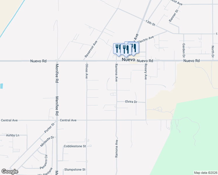 map of restaurants, bars, coffee shops, grocery stores, and more near 22114 Rae Drive in Nuevo