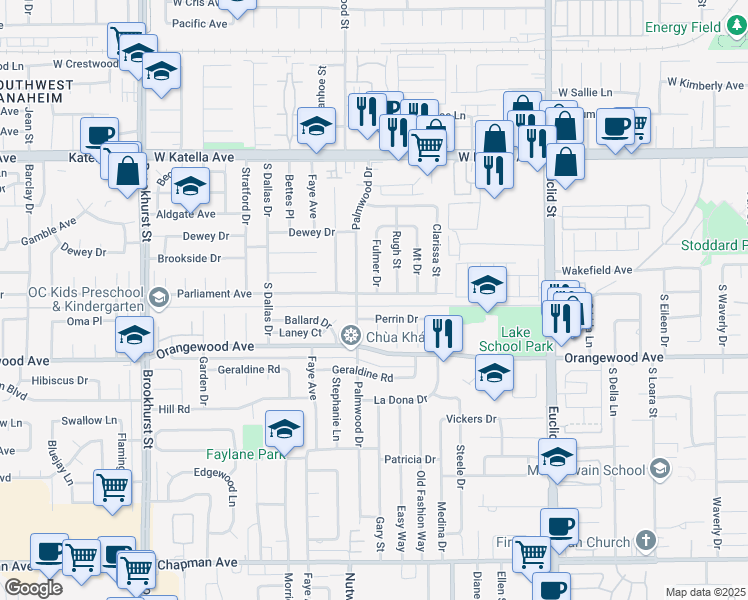 map of restaurants, bars, coffee shops, grocery stores, and more near 10572 Parliament Avenue in Garden Grove
