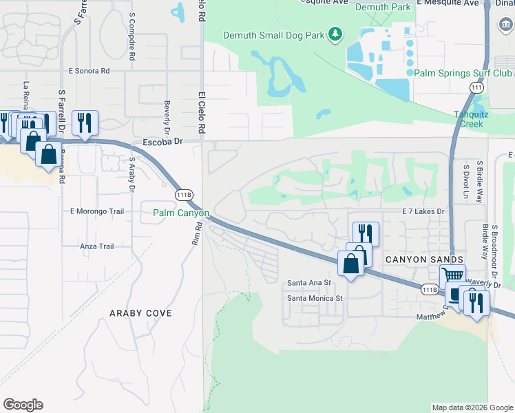 map of restaurants, bars, coffee shops, grocery stores, and more near 407 Desert Lakes Drive in Palm Springs