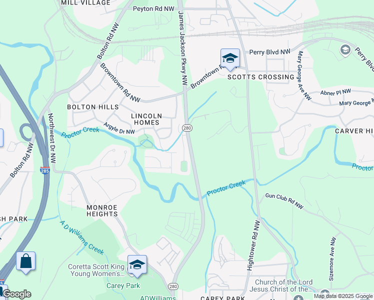 map of restaurants, bars, coffee shops, grocery stores, and more near 1637 Jackson Way in Atlanta