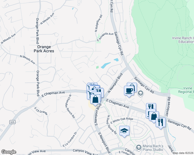 map of restaurants, bars, coffee shops, grocery stores, and more near 7630 East Appaloosa Trail in Orange