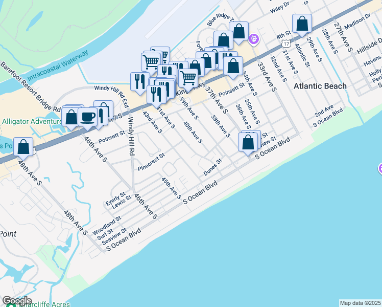 map of restaurants, bars, coffee shops, grocery stores, and more near 601 41st Avenue South in North Myrtle Beach