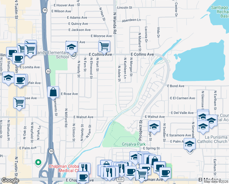 map of restaurants, bars, coffee shops, grocery stores, and more near 2929 East Rose Avenue in Orange