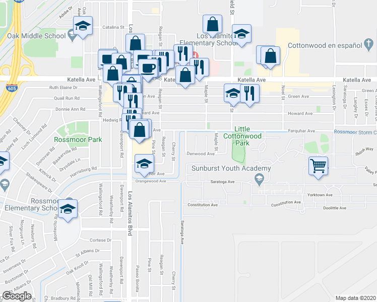 map of restaurants, bars, coffee shops, grocery stores, and more near 11344 Rochelle Street in Los Alamitos