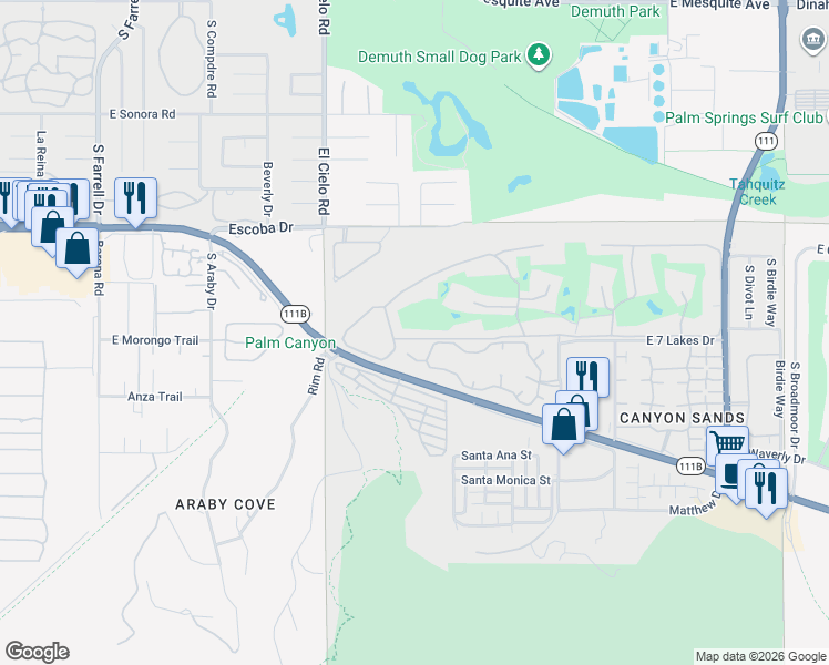 map of restaurants, bars, coffee shops, grocery stores, and more near 407 Desert Lakes Drive in Palm Springs