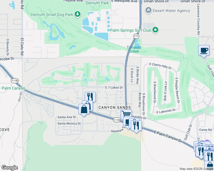 map of restaurants, bars, coffee shops, grocery stores, and more near 100 Desert Lakes Drive in Palm Springs