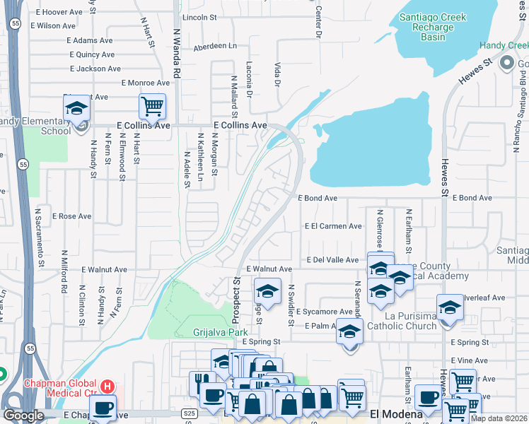 map of restaurants, bars, coffee shops, grocery stores, and more near 3445 East White Chapel Court in Orange