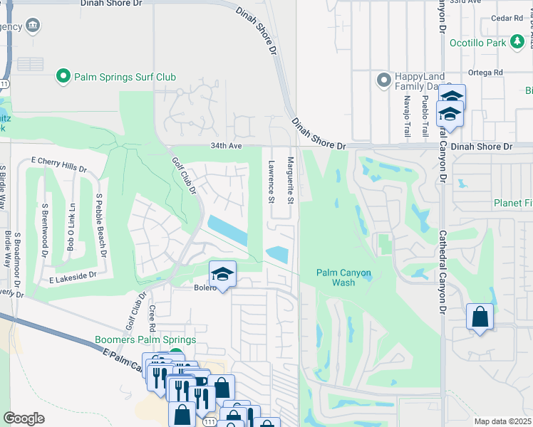 map of restaurants, bars, coffee shops, grocery stores, and more near 2215 Lawrence Street in Palm Springs
