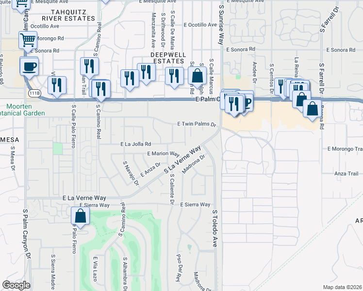 map of restaurants, bars, coffee shops, grocery stores, and more near 1487 Via Isla in Palm Springs