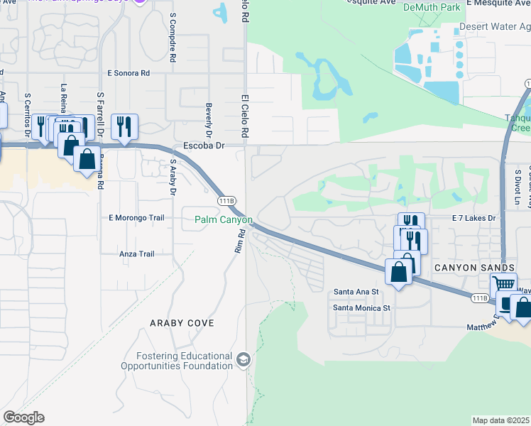 map of restaurants, bars, coffee shops, grocery stores, and more near 469 Desert Lakes Drive in Palm Springs
