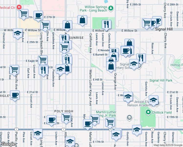 map of restaurants, bars, coffee shops, grocery stores, and more near 2250 Martin Luther King Junior Avenue in Long Beach