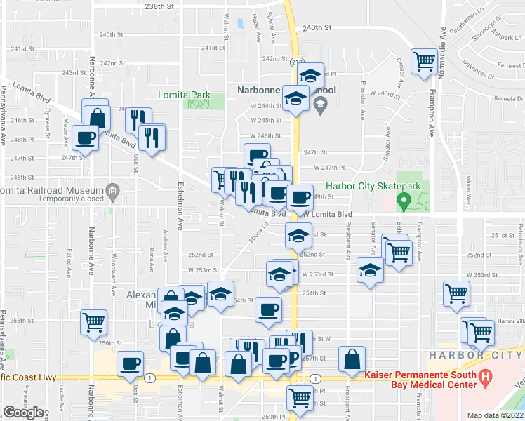 map of restaurants, bars, coffee shops, grocery stores, and more near 1811 Lomita Boulevard in Lomita