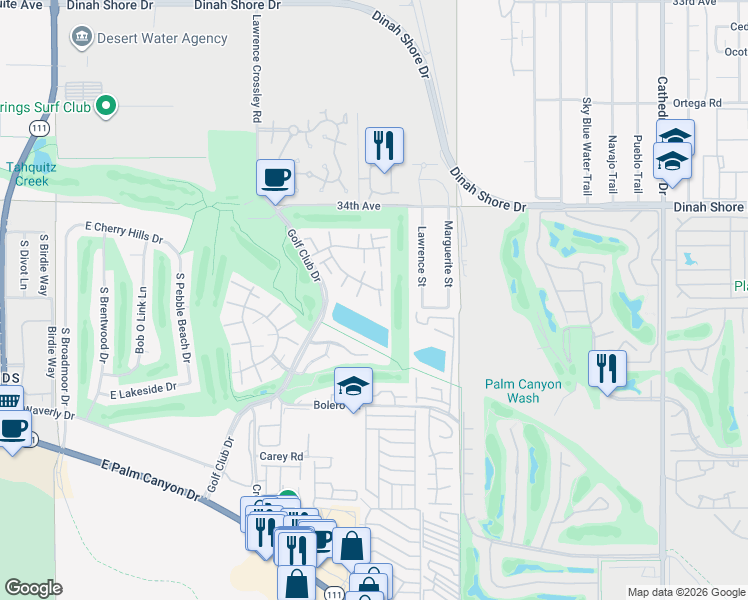 map of restaurants, bars, coffee shops, grocery stores, and more near 6117 Arroyo Road in Palm Springs