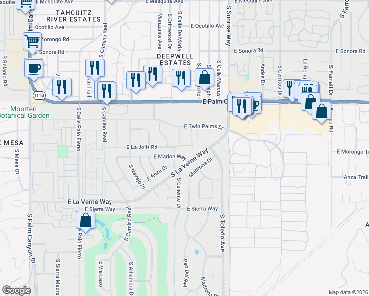 map of restaurants, bars, coffee shops, grocery stores, and more near 1445 Via Isla in Palm Springs