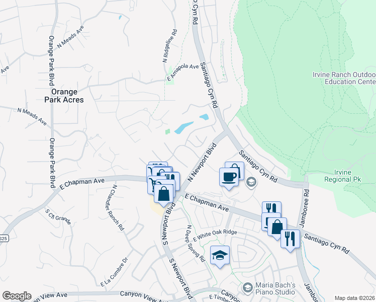 map of restaurants, bars, coffee shops, grocery stores, and more near 7808 East Broadmoor Trail in Orange