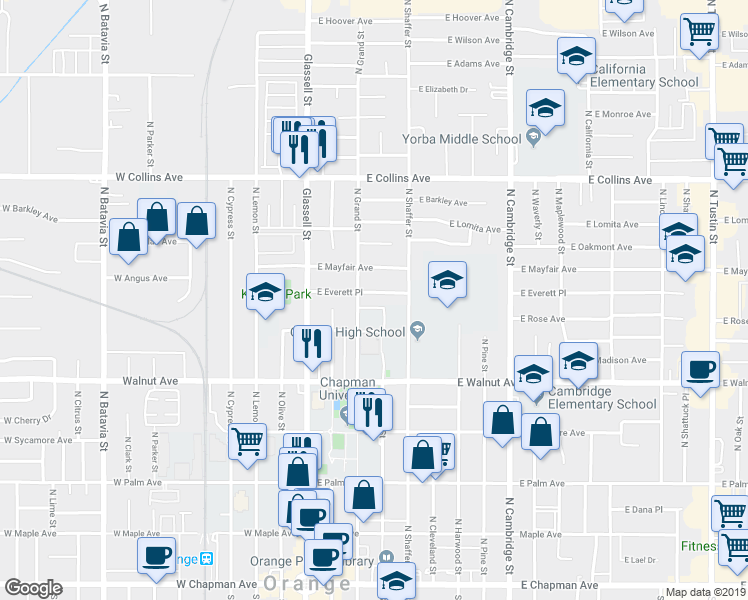 map of restaurants, bars, coffee shops, grocery stores, and more near 314 East Everett Place in Orange